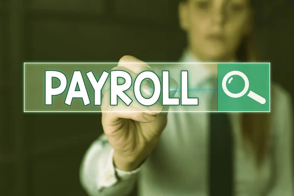 Handgeschreven tekst schrijven Payroll. Begrip betekenis totale hoeveelheid geld bedrijf betaalt aan de werknemers salarisbetaling. — Stockfoto