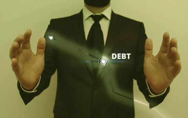 Conceptual hand writing showing Debt. Business photo text a sum of money that a demonstrating or organization owes to someone or a bank. — Stock Photo, Image