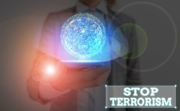 Γράμμα που δείχνει "Σταματήστε την τρομοκρατία". Επιχειρηματική φωτογραφία που αναδεικνύει την επίλυση των εκκρεμών ζητημάτων που σχετίζονται με τη βία Στοιχεία αυτής της εικόνας που παρέχονται από Nasa. — Φωτογραφία Αρχείου