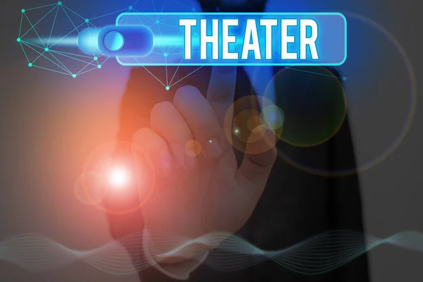 Wortgeschriebenes Texttheater. Geschäftskonzept für Gebäude oder Außenbereich, in dem Theaterstücke und dramatische Darbietungen aufgeführt werden. — Stockfoto