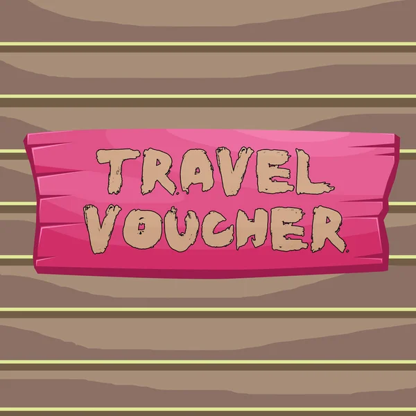 Scrittura concettuale a mano che mostra Travel Voucher. Business photo vetrina Tradable tipo di transazione del valore di un certo valore monetario Bordo di legno rettangolo sagomato legno allegata colore sfondo . — Foto Stock