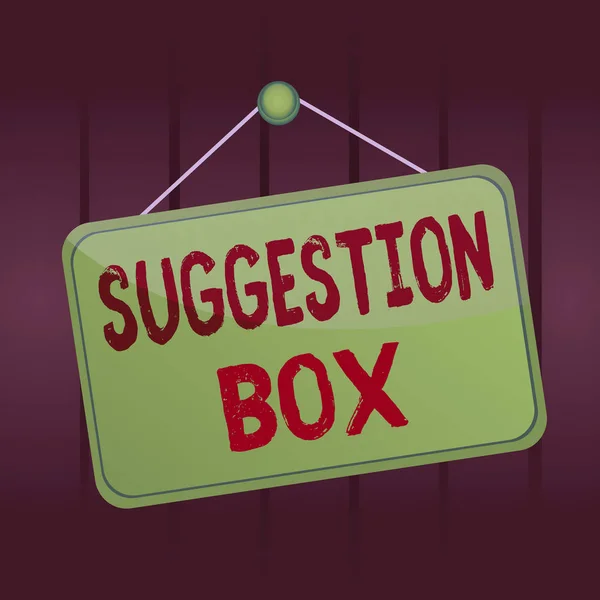 Writing note showing Suggestion Box. Business photo showcasing container which showing can leave comments about something Memo reminder empty board attached background rectangle.