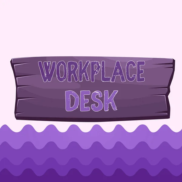 職場の机を示す概念的な手書き。引き出し付きのテーブルのタイプを紹介するビジネス写真木製の板の長方形の形をした木の添付カラー背景. — ストック写真