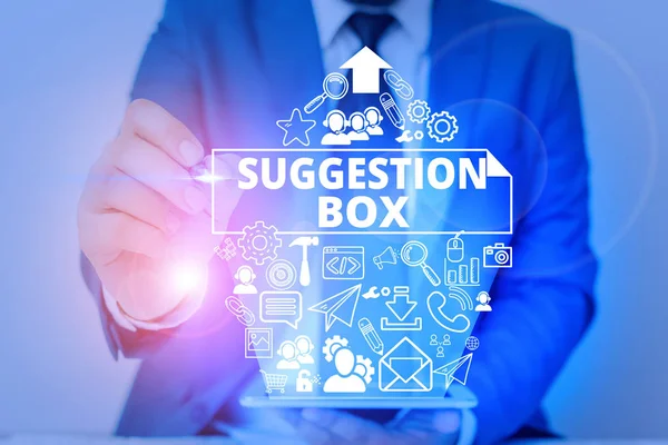 Conceptual hand writing showing Suggestion Box. Business photo text container which showing can leave comments about something. — Stock Photo, Image