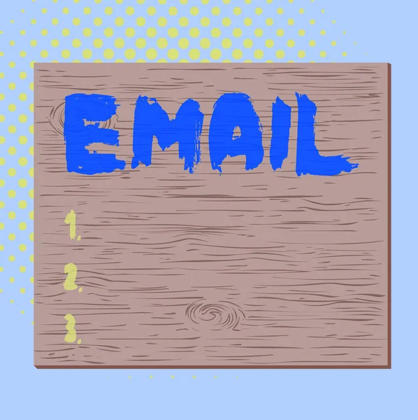 Word writing text E-Mail. Geschäftskonzept für das Senden einer kommerziellen Nachricht an eine Gruppe von Zeigen mit E-Mail Rechteck Quadrat unwirklich Cartoon Holz genagelt an farbige Wand geklebt. — Stockfoto