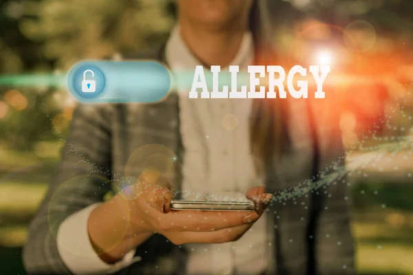 Text sign showing Allergy. Conceptual photo Hypersensitive of the immune system towards particular substance. — Stock Photo, Image