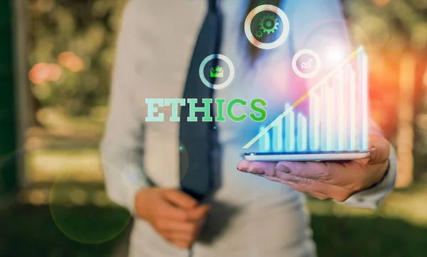 Writing note showing Ethics. Business photo showcasing the moral philosophy or code of morals practiced by a demonstrating. — Stock Photo, Image