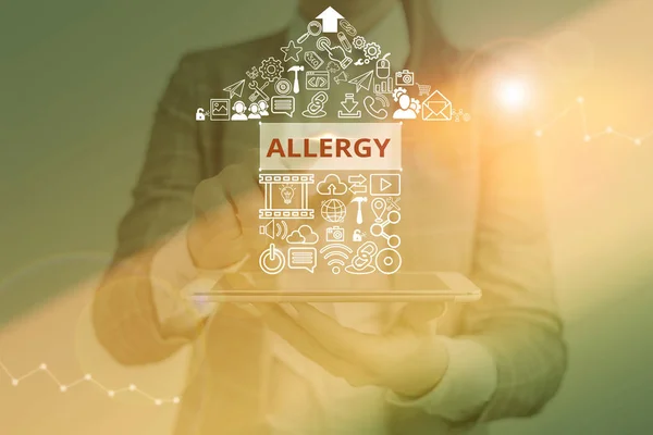 Writing note showing Allergy. Business photo showcasing Hypersensitive of the immune system towards particular substance. — Stock Photo, Image