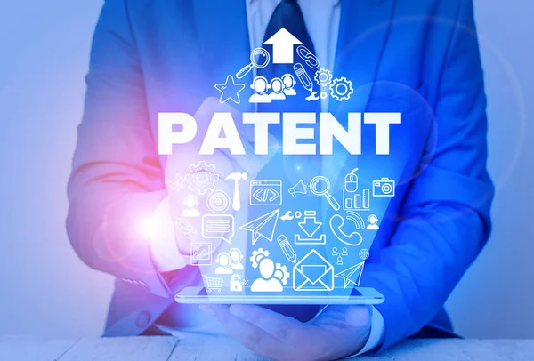 Textzeichen mit Patent. Konzeptionelles Foto Regierungsbehörde oder Lizenz, die ein Recht oder einen Titel verleiht. — Stockfoto