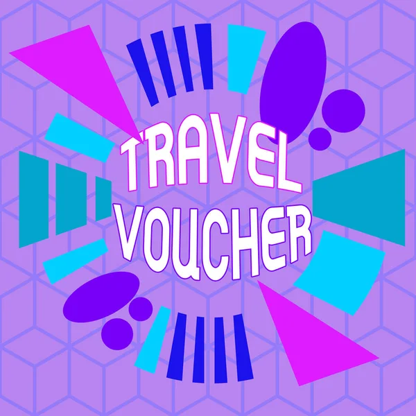Writing note showing Travel Voucher. Business photo showcasing Tradable transaction type worth a certain monetary value Asymmetrical format pattern object outline multicolor design. — Stock Photo, Image