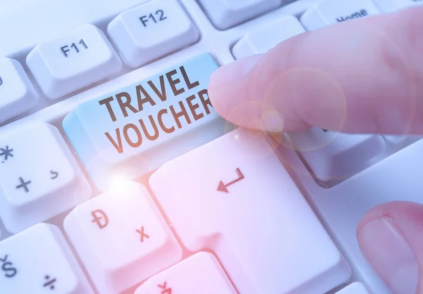 Writing note showing Travel Voucher. Business photo showcasing Tradable transaction type worth a certain monetary value. — Stock Photo, Image