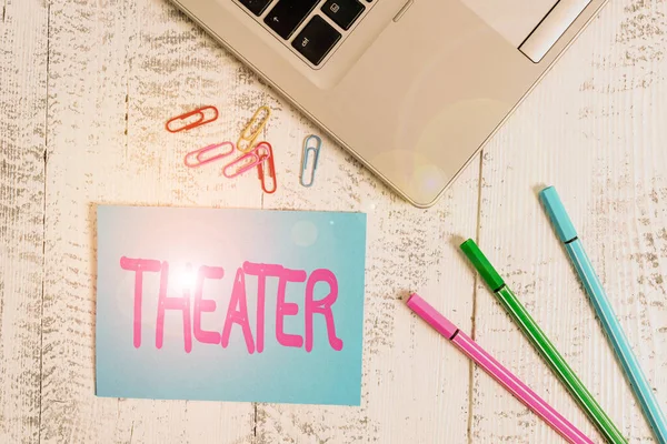 Word writing text Theater. Business concept for building or outdoor area in which plays and dramatic perforanalysisces Trendy metallic laptop blank sticky note colored clips pens lying vintage. — Φωτογραφία Αρχείου