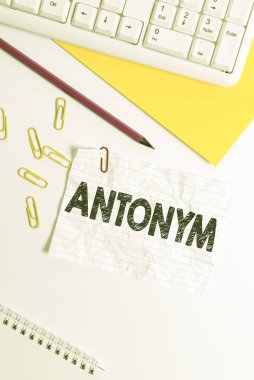 Word writing text Antonym. Business concept for word or phrase whose meaning is the opposite of another word Flat lay above white blank paper with copy space for text messages.