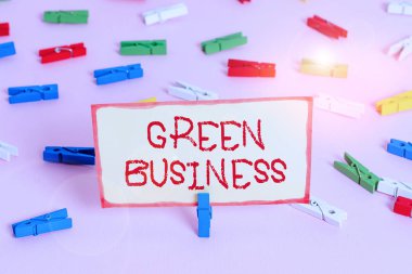 Handwriting text Green Business. Concept meaning company that does not make negative impact on the environment Colored clothespin papers empty reminder pink floor background office pin.