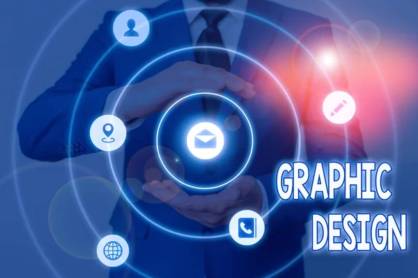 グラフィックデザインを示す概念的な手書き文字。広告にテキストと写真を組み合わせる技術を紹介するビジネス写真. — ストック写真