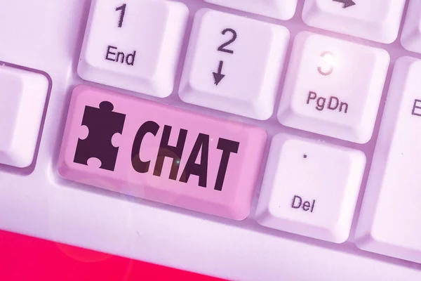 Text sign showing Chat. Conceptual photo take part in a discussion that involves sending messages over internet. — Stock Photo, Image