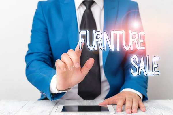 Word writing text Furniture Sale. Business concept for sale of functional and decorative objects of household Businessman with pointing finger in front of him.
