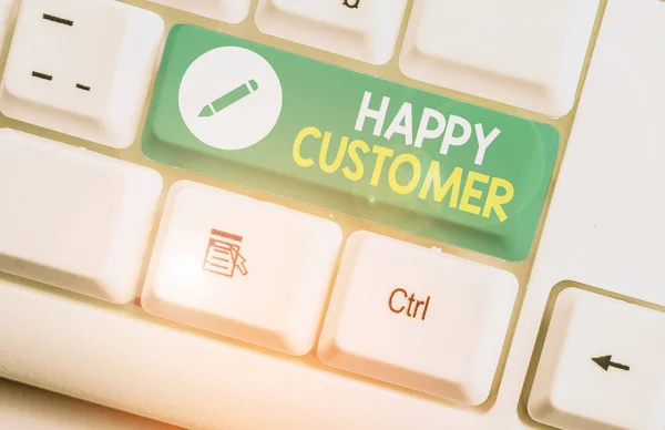Writing note showing Happy Customer. Business photo showcasing feeling of fulfillment that customers derive from from a firm.