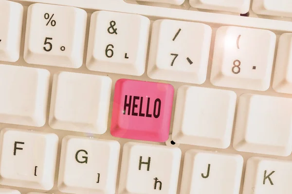 Sinal de texto mostrando Olá. Foto conceitual usada como saudação ou para iniciar uma conversa telefônica Cumprimentar alguém . — Fotografia de Stock