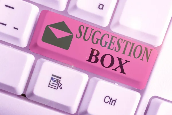Conceptual hand writing showing Suggestion Box. Business photo showcasing container which showing can leave comments about something.