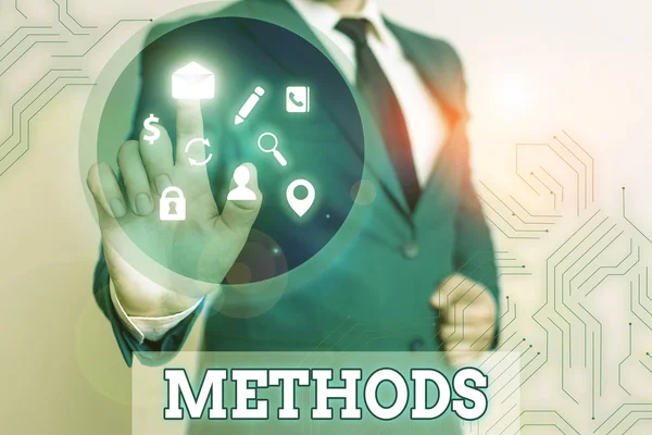 Schreibnotiz mit Methoden. Business-Foto, das die besondere Form des Verfahrens zur Durchführung von etwas zeigt. — Stockfoto
