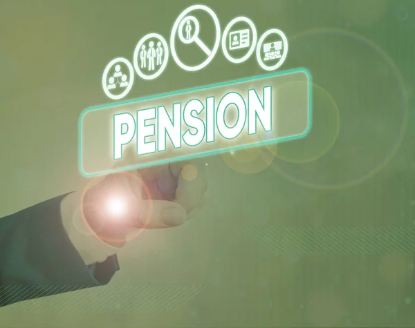 Ecriture conceptuelle montrant Pension. Photo d'affaires montrant le revenu des aînés après la retraite Épargne pour les personnes âgées . — Photo