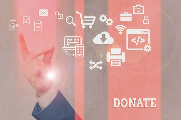 Woord schrijven tekst Doneren. Bedrijfsconcept voor het geven van geld of goederen voor goede zaak bijvoorbeeld aan liefdadigheid of tonen. — Stockfoto