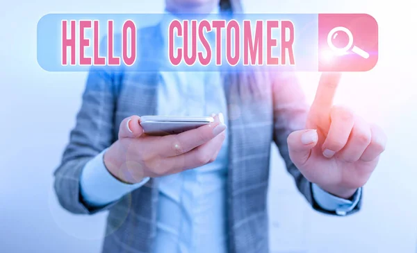 Text sign showing Hello Customer. Conceptual photo greeting used to someone who buys goods or services. — Zdjęcie stockowe