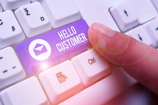 Writing note showing Hello Customer. Business photo showcasing greeting used to someone who buys goods or services. — Stockfoto