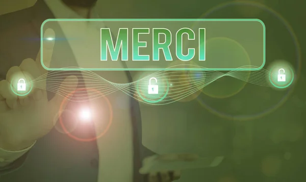 Parola che scrive testo Merci. Business concept per ciò che viene detto o risposta quando qualcuno ti aiuta in Francia Grazie . — Foto Stock