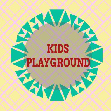 Çocukların oyun alanını gösteren bir not yazıyorum. Çocuklar için tasarlanmış, asimetrik şekilli, çok renkli nesne tasarımı dışında oynamaları için iş fotoğrafı sergilenen arazi..