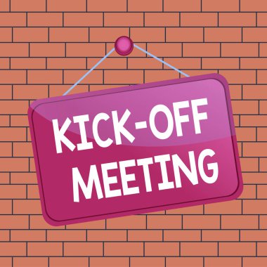Text sign showing Kick Off Meeting. Conceptual photo first meeting with the project team and the client Colored memo reminder empty board blank space attach background rectangle. clipart
