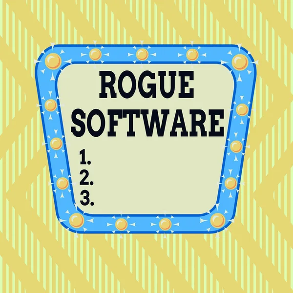 Writing note showing Rogue Software. Business photo showcasing type of malware that poses as antimalware software Asymmetrical uneven shaped pattern object multicolour design.