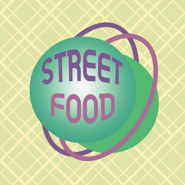 Writing note showing Street Food. Business photo showcasing cooked food sold by vendors in a street or other public location Asymmetrical format pattern object outline multicolor design.