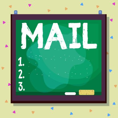 Mail 'i gösteren not yazılıyor. Posta sistemi vasıtasıyla gönderilen ya da iletilen iş fotoğrafı gösterimi mektupları ya da paket asimetrik düzensiz şekil çok renkli nesne tasarımı.