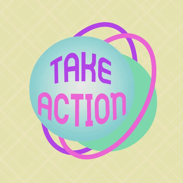 Writing note showing Take Action. Business photo showcasing to do something To act in order to get a particular result Asymmetrical format pattern object outline multicolor design.