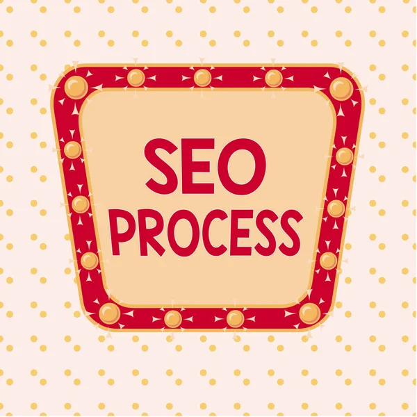 Texto de escritura de palabras Seo Process. Concepto de negocio para los pasos de aumentar la calidad y la cantidad de tráfico del sitio web Diseño de objeto de patrón de formato asimétrico desigual . —  Fotos de Stock