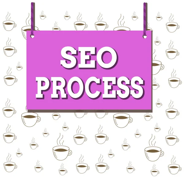 Nota di scrittura che mostra Seo Process. Foto aziendale in mostra fasi di aumentare la qualità e la quantità del traffico del sito web Tavola di legno telaio vuoto fisso colorato stringa a strisce . — Foto Stock