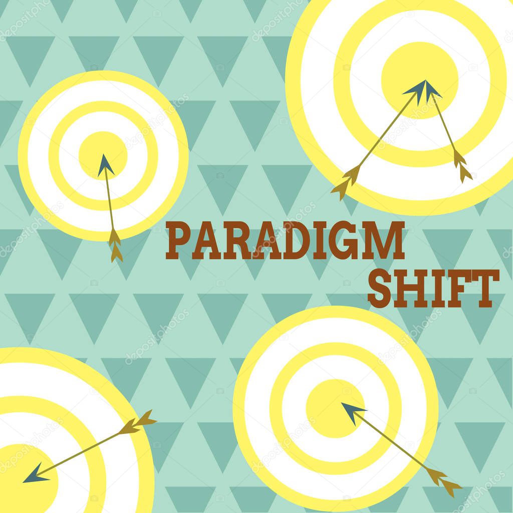 Conceptual hand writing showing Paradigm Shift. Business photo text fundamental change in approach or underlying assumptions Arrow and round target asymmetrical shape multicolour design.