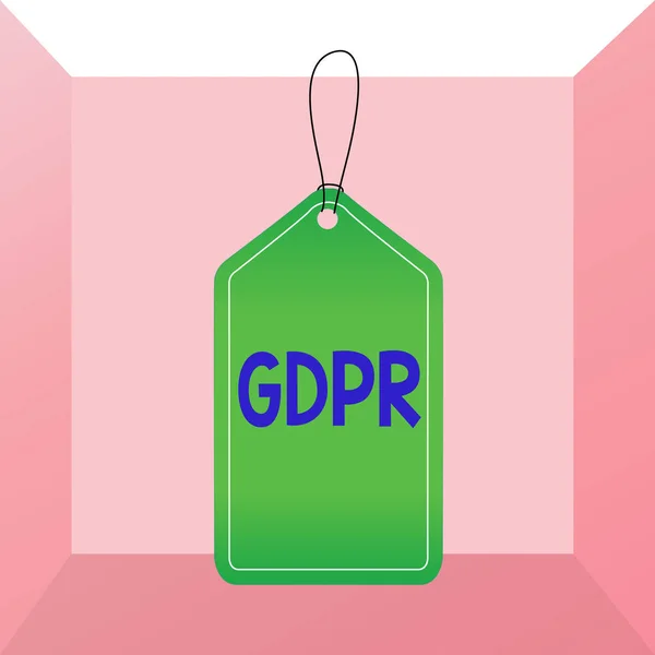 Conceptual hand writing showing Gdpr. Business photo showcasing regulation that protect the demonstratingal data and privacy of EU citizens Empty tag colorful background label rectangle attach string. — Stockfoto