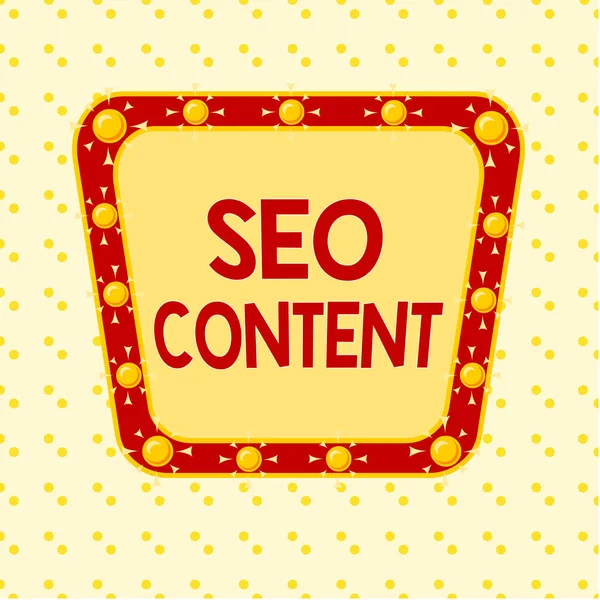 Texto de escrita de palavras Seo Content. Conceito de negócio para a criação de conteúdo que ajuda as páginas da web a ranquear alto na pesquisa Formato assimétrico desigual formato padrão objeto esboço design multicolorido . — Fotografia de Stock