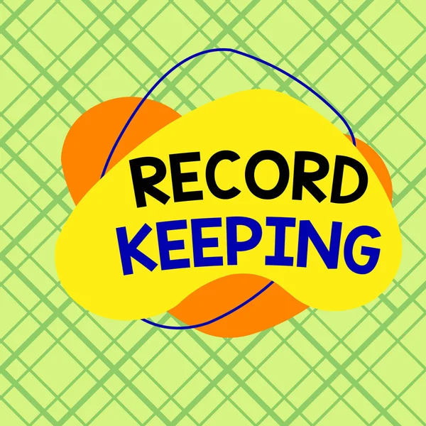 Conceptual hand writing showing Record Keeping. Business photo showcasing The activity or occupation of keeping records or accounts Asymmetrical format pattern object outline multicolor design.