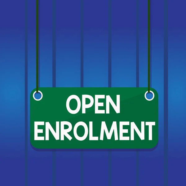 Writing note showing Open Enrolment. Business photo showcasing period during which members can choose an alternate plan Board color background plank attached string panel rectangle. — Stock Fotó