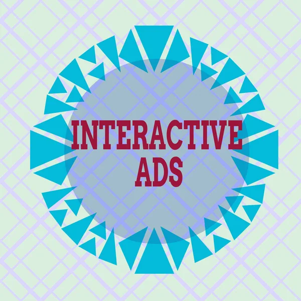 Writing note showing Interactive Ads. Business photo showcasing uses interactive media to communicate with consumers Asymmetrical uneven shaped pattern object multicolour design. — Stock Fotó