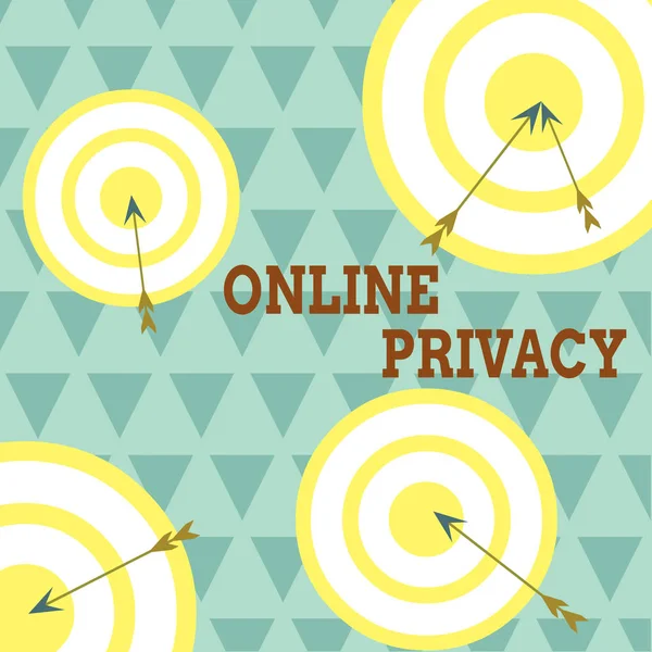 Conceptual hand writing showing Online Privacy. Business photo text involves the control of what information you reveal online Arrow and round target asymmetrical shape multicolour design. — Stockfoto