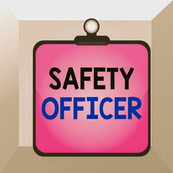 Conceptual hand writing showing Safety Officer. Business photo showcasing a demonstrating responsible for ensuring safety regulations Clipboard colorful background clip stuck bind plank frame. — Stockfoto