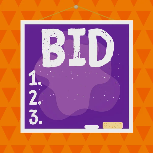 Text sign showing Bid. Conceptual photo to offer a particular amount of money for something that is for sale Asymmetrical uneven shaped format pattern object outline multicolour design. — 图库照片