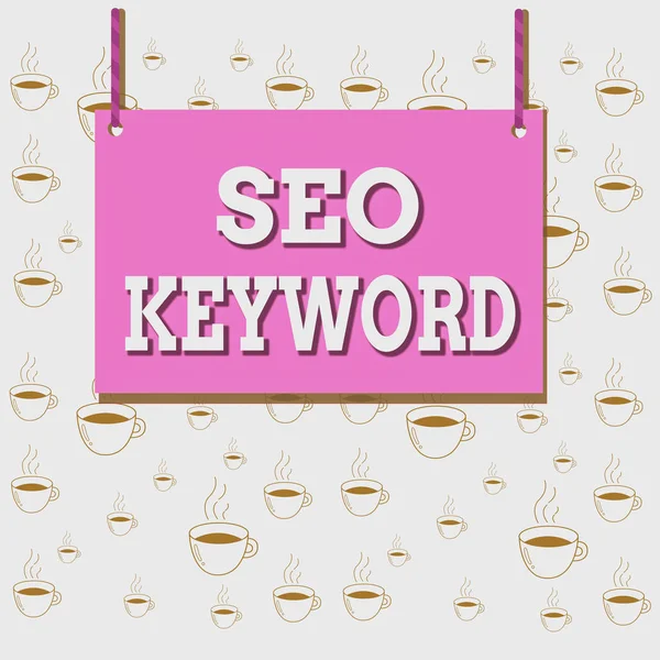 Writing note showing Seo Keyword. Business photo showcasing phrases in your web content that help showing find your site Wooden board wood empty frame fixed colorful striped string. — Stockfoto