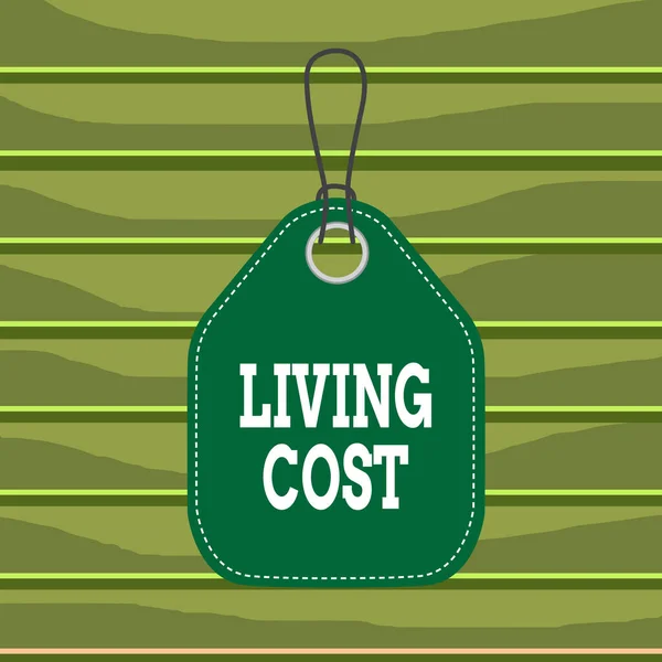 Conceptual hand writing showing Living Cost. Business photo showcasing the amount of money that a demonstrating needs to sustain life Empty tag colorful background label rectangle attach string. — Stok fotoğraf