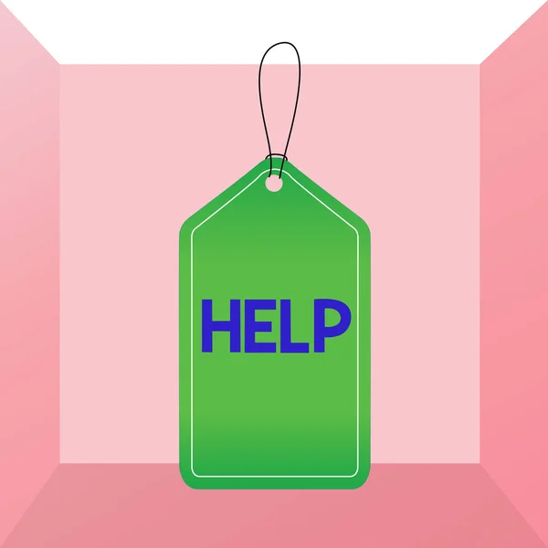 Conceptual hand writing showing Help. Business photo showcasing The action of helping someone to do something Improve a situation Empty tag colorful background label rectangle attach string. — 图库照片